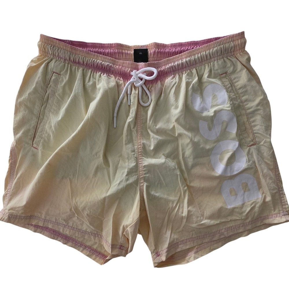 Hugo‎ Boss Mens Swim Trunks Yellow White Logo Drawstring XXL